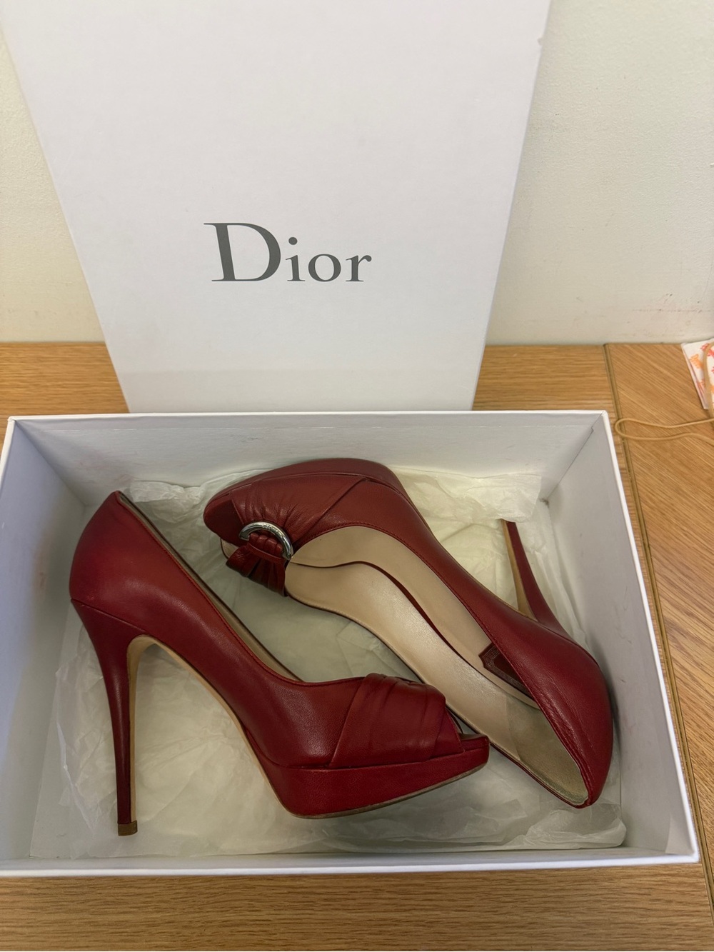 Dior Red Peep-Toe Stiletto Pumps with Buckle Detail